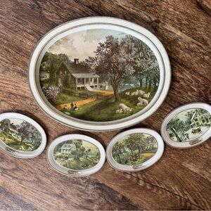 Vintage currier and ives American homestead seasons trays metal set of 5